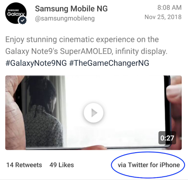 Twitter for iPhone identifier shows Samsung promoting its Android phones from an Apple device.