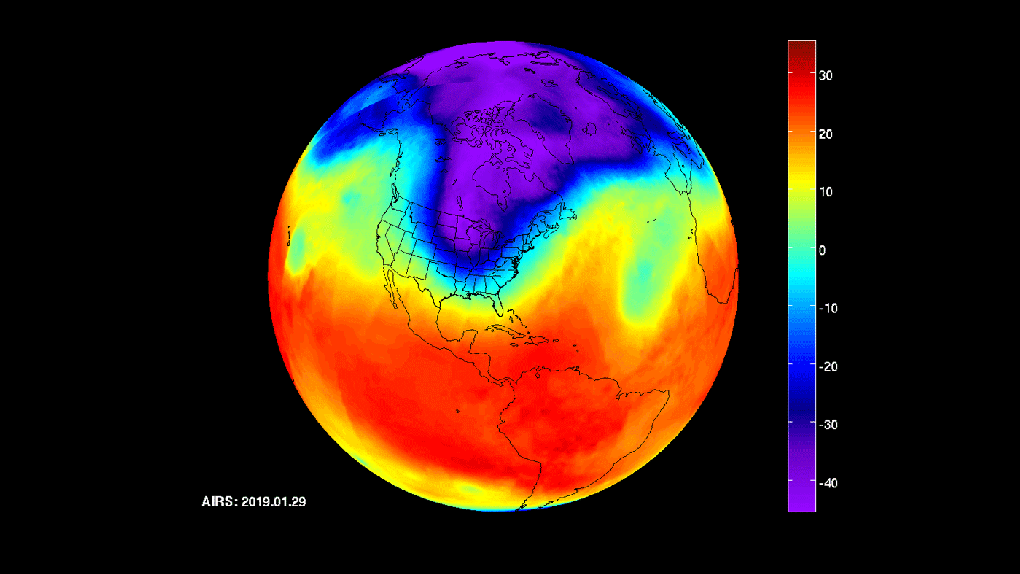 Here's what the polar vortex looks like from NASA's heatmapping satellite