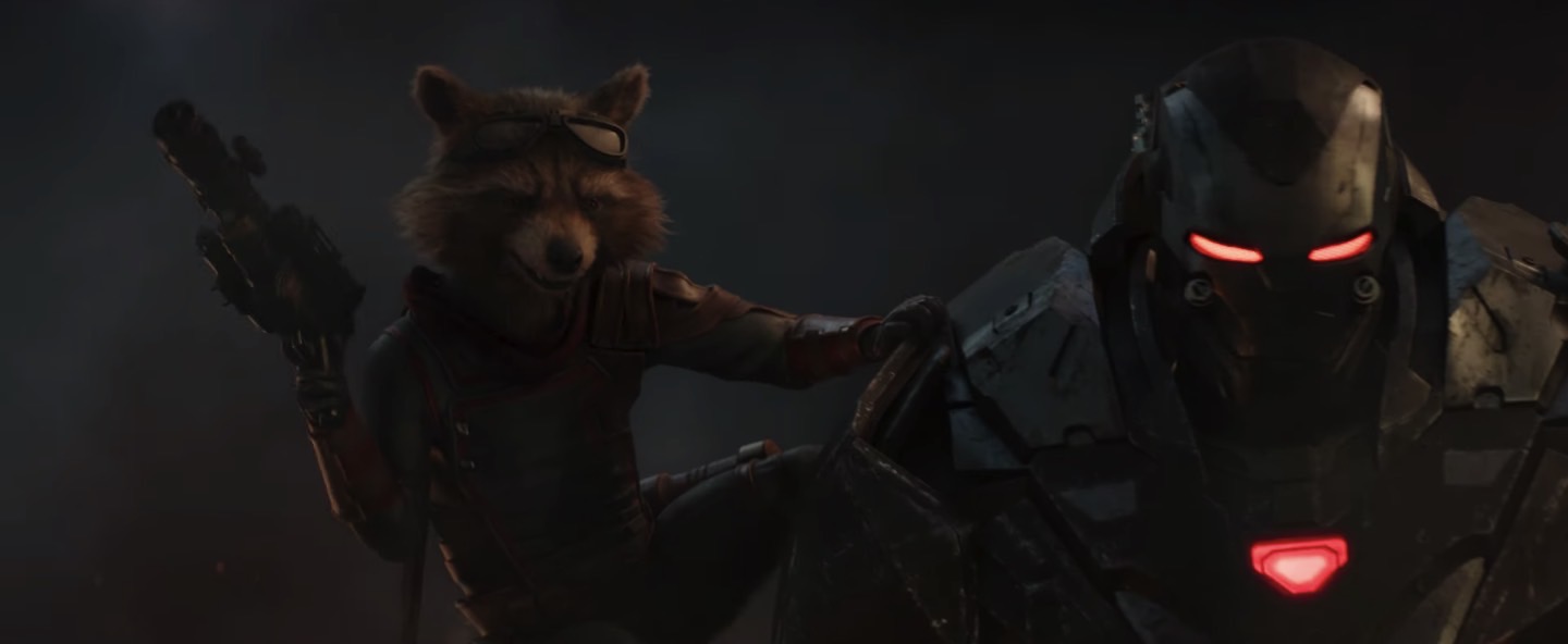 Rocket (Bradley Cooper) and War Machine (Don Cheadle) in Avengers: Endgame trailer.