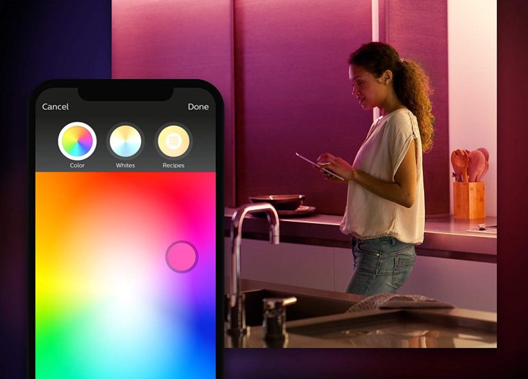 Philips Hue smart LED lightning being controlled by a smartphone