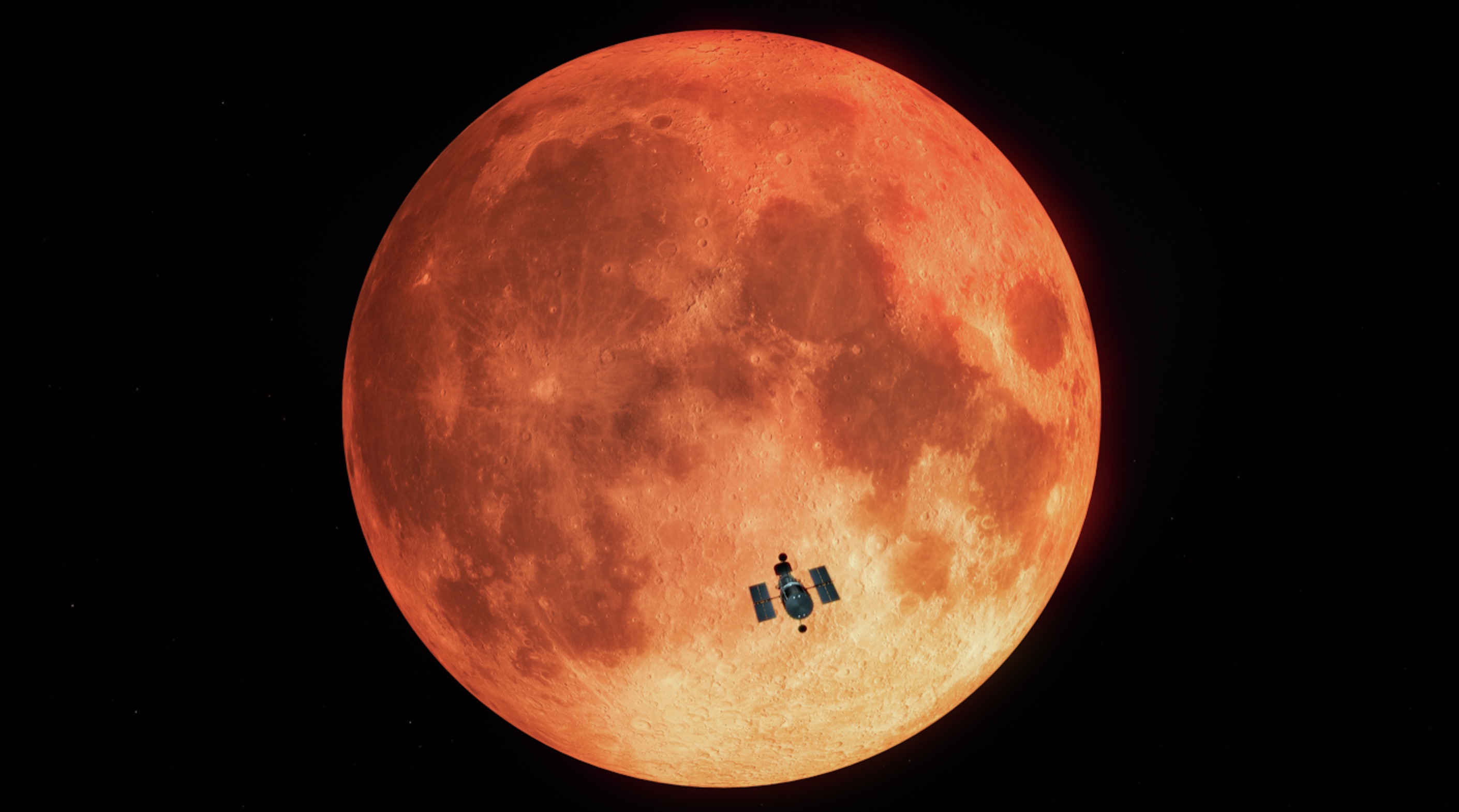 The Hubble Space Telescope in front of the Moon.