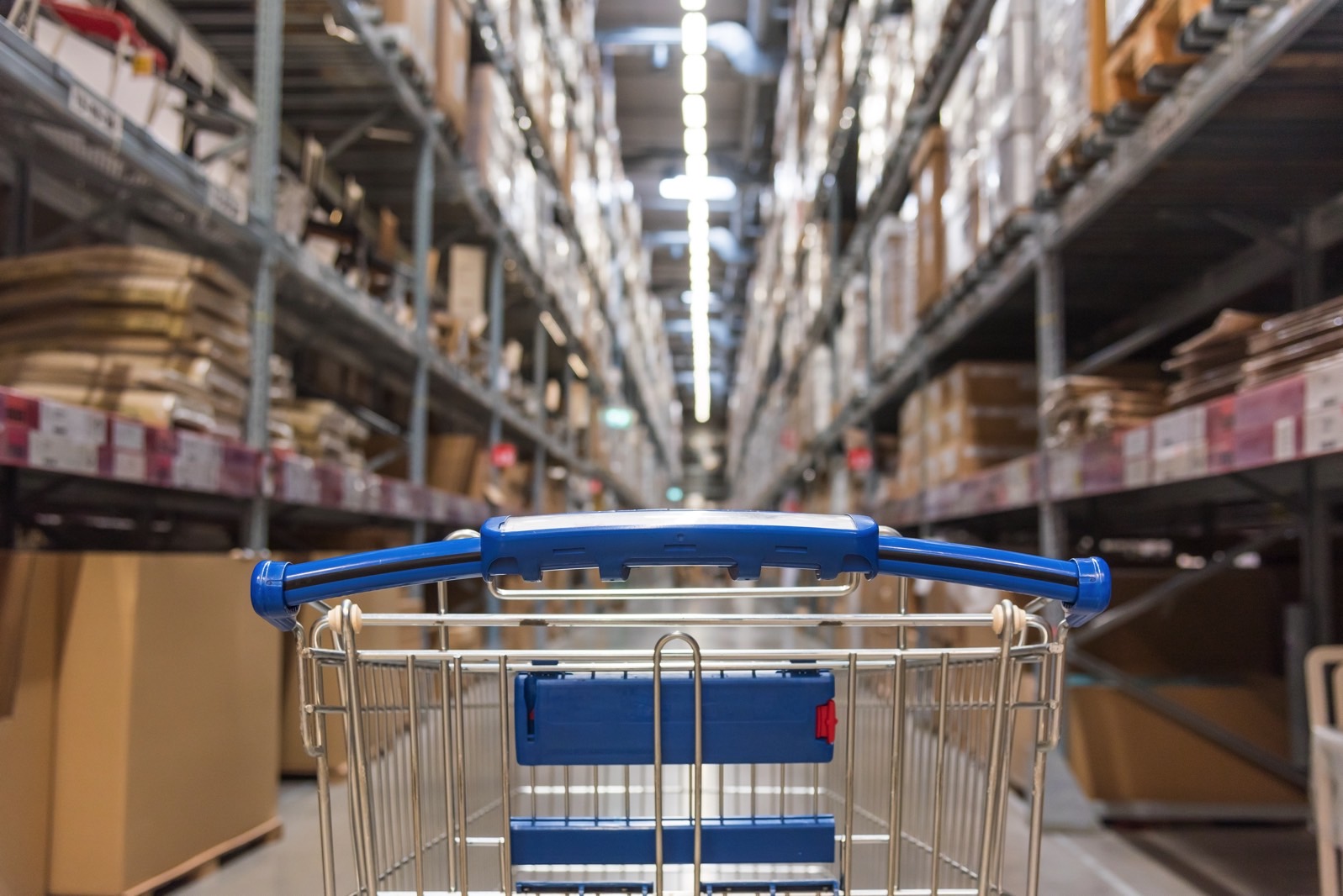 An empty cart is shown in a Costco store