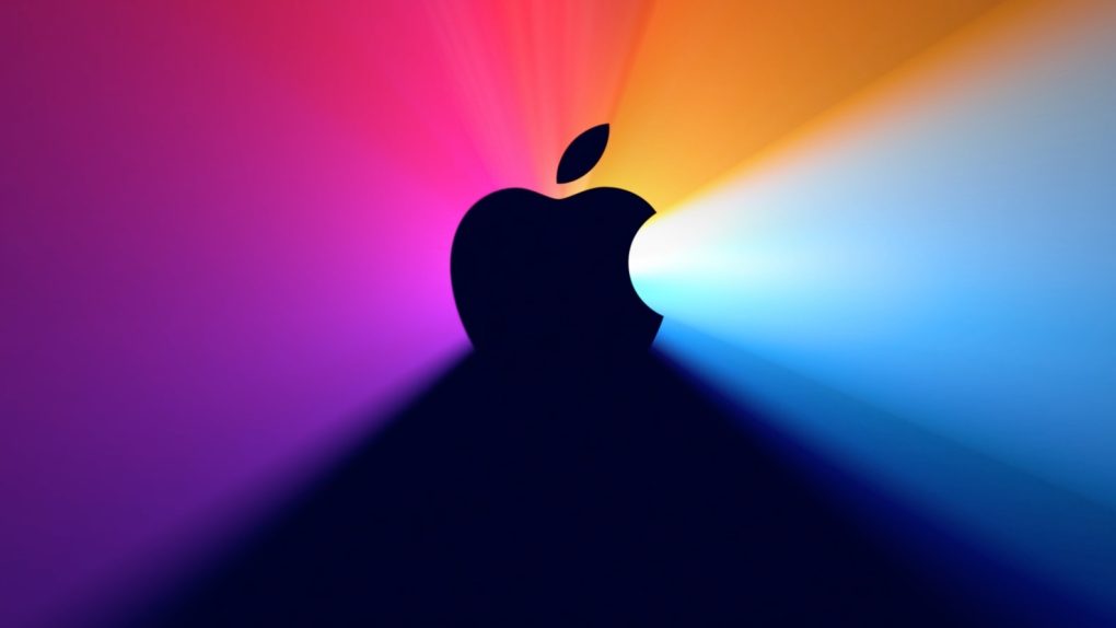 The Apple logo in black with an array of colors behind it
