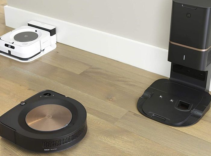 The iRobot Roomba S9+ next to a Braava Jet robot mop