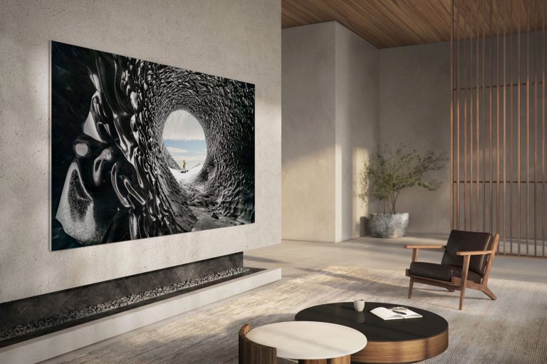Samsung's new 110-inch MicroLED TV on a wall in a bright room