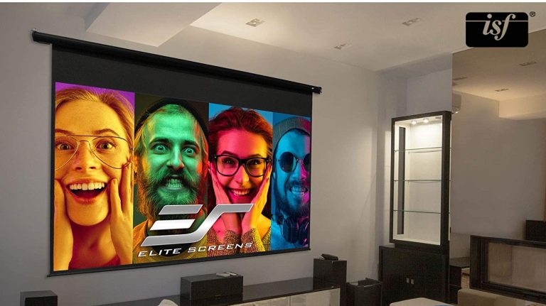 Cyber Monday projector deals A motorized projector screen coming down from the ceiling