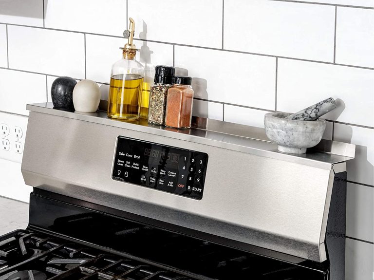 The StoveShelf Magnetic Shelf attachment installed on a gas stove