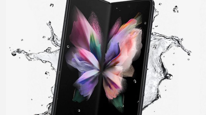 Galaxy Z Fold 3 handset splashed with water