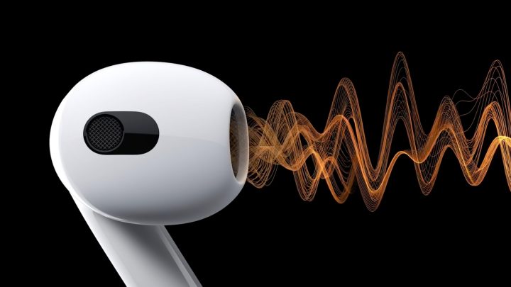 AirPods Pro 2 with an audio waveform from the device on a black background