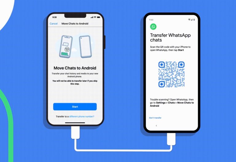 iPhone and Android connected with a USB cable displaying WhatsApp app on the screen