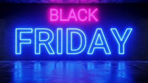Black Friday written in neon blue and pink