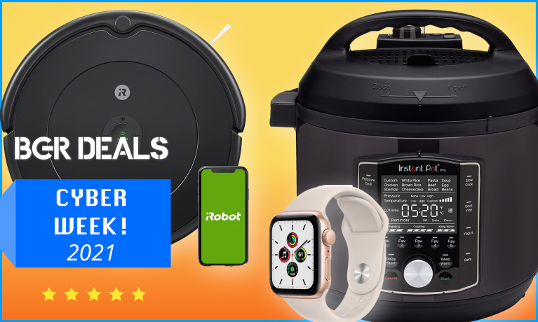 Cyber Week Deals include Rooma, Airpods, Apple Watch, pictured on an orange background