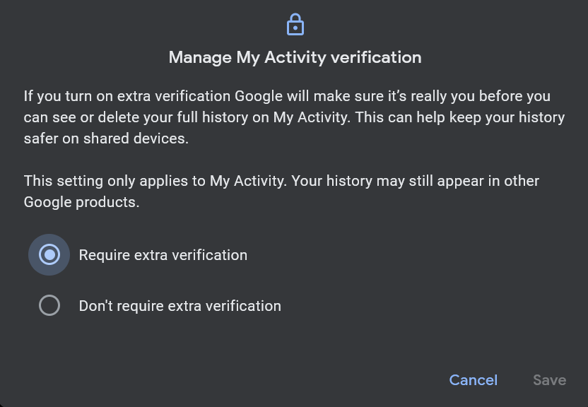 Verification options for Google activity page