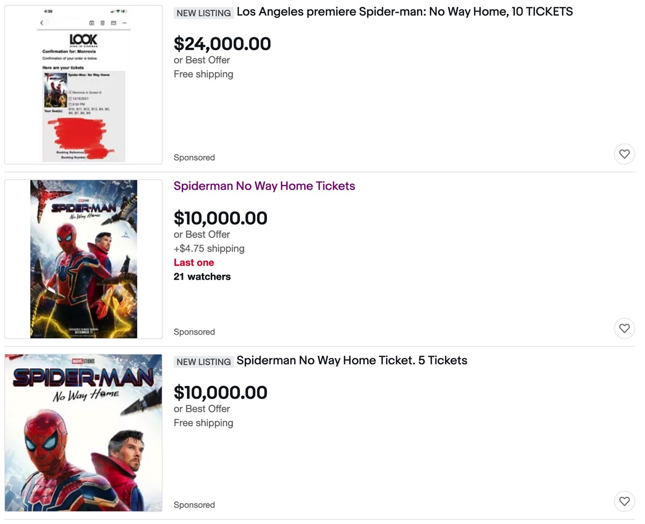 eBay auctions for Spider-Man: No Way Home tickets