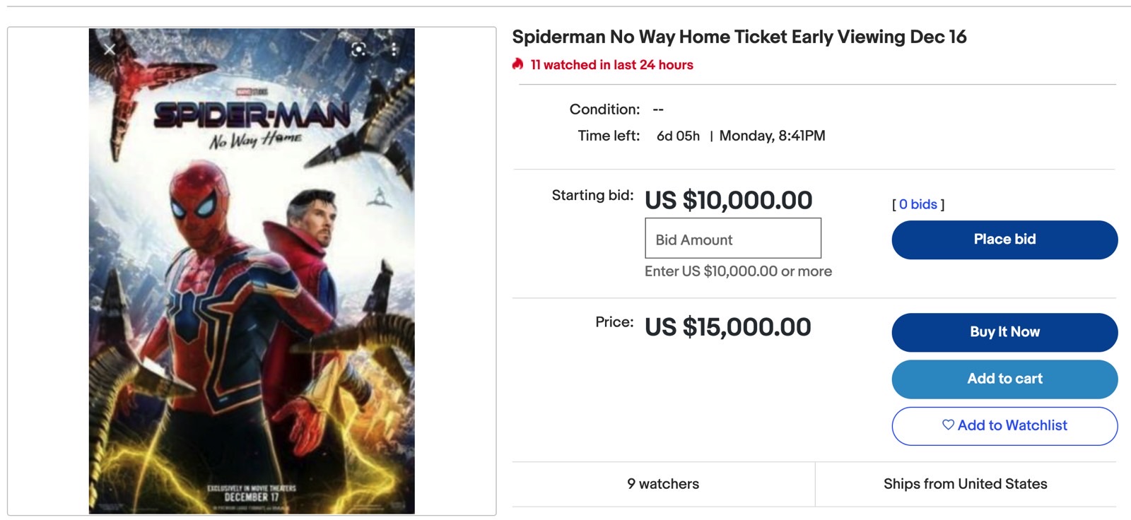 SpiderMan No Way Home tickets on eBay are selling for thousands of