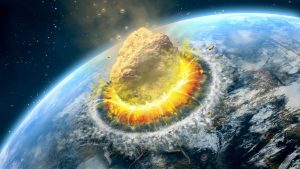 An asteroid crashing into Earth in an illustration