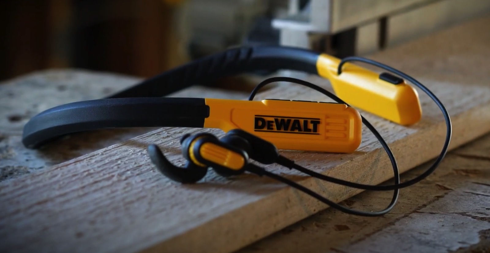 Dewalt Jobsite Pro wireless headphones on a work bench