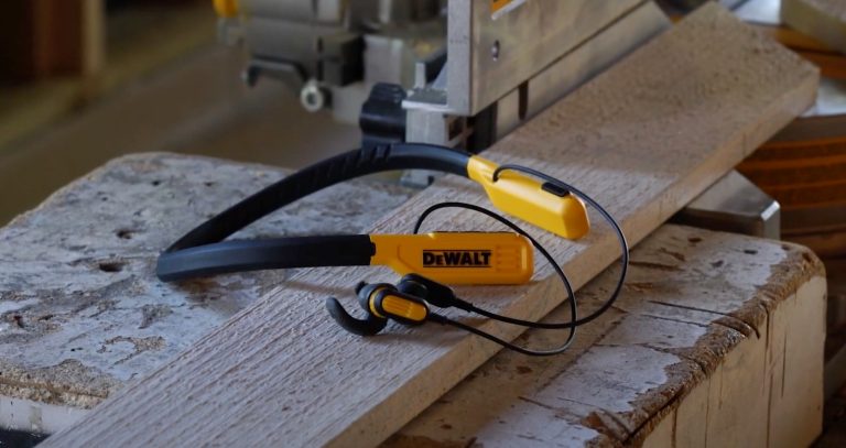 DeWalt Jobsite Pro wireless headphones on a work bench