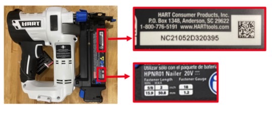 Hart 18-Gauge 2” Brad Nailer with location of Model Number