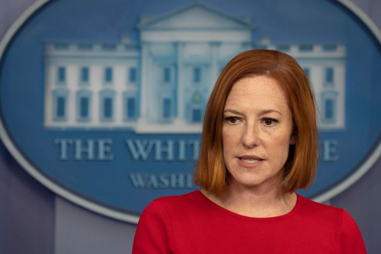 white house press secretary jen psaki in red dress