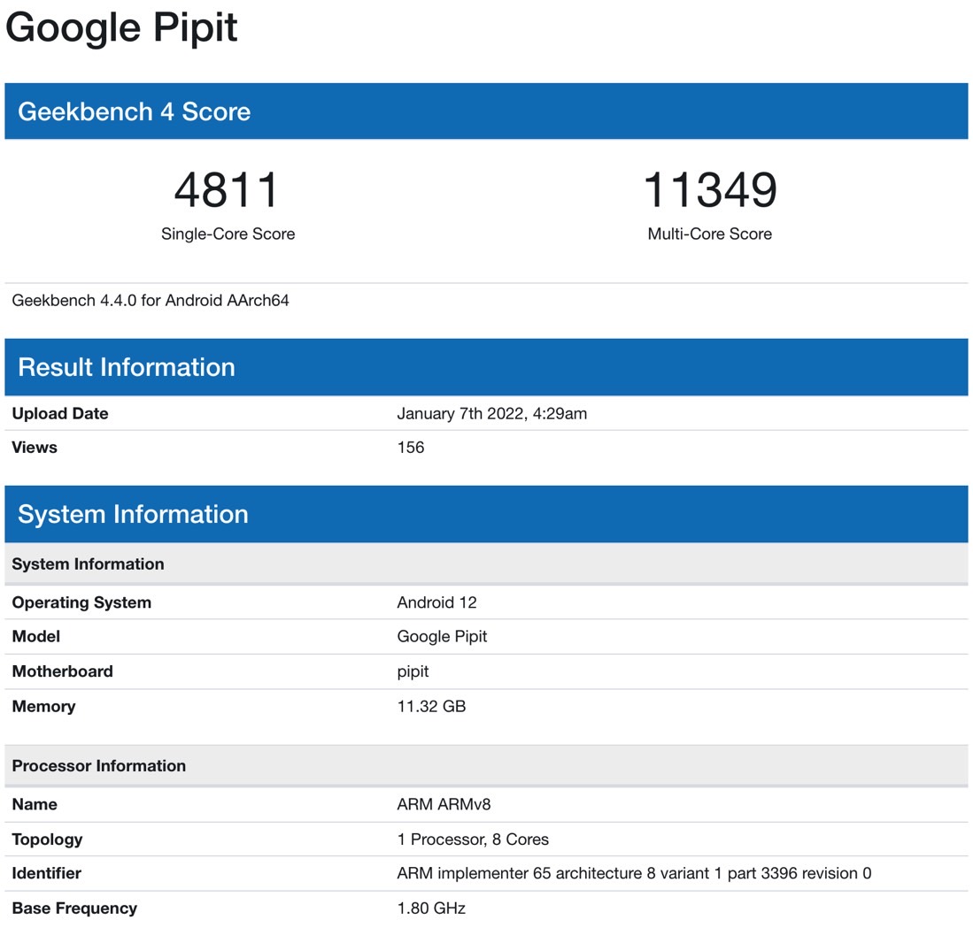 Purported benchmark result for Google Pixel Fold - Google Pipit
