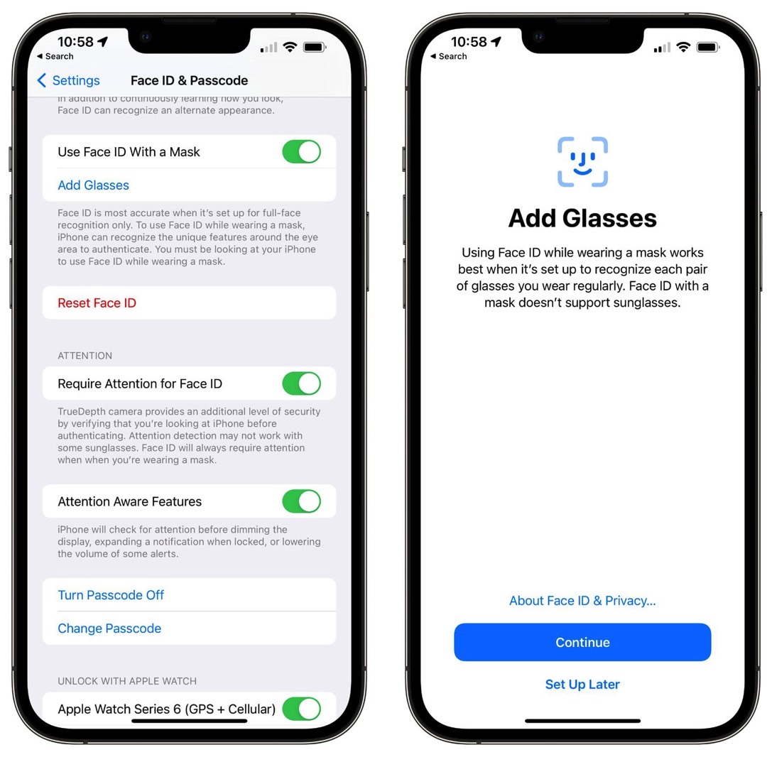 iOS 15.4 Face ID with Mask setup screens