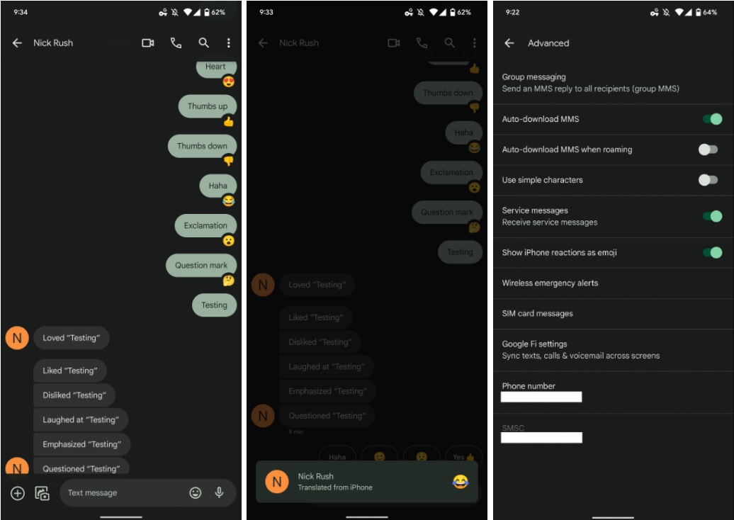 Google Messages translating iPhone reactions in a new beta.