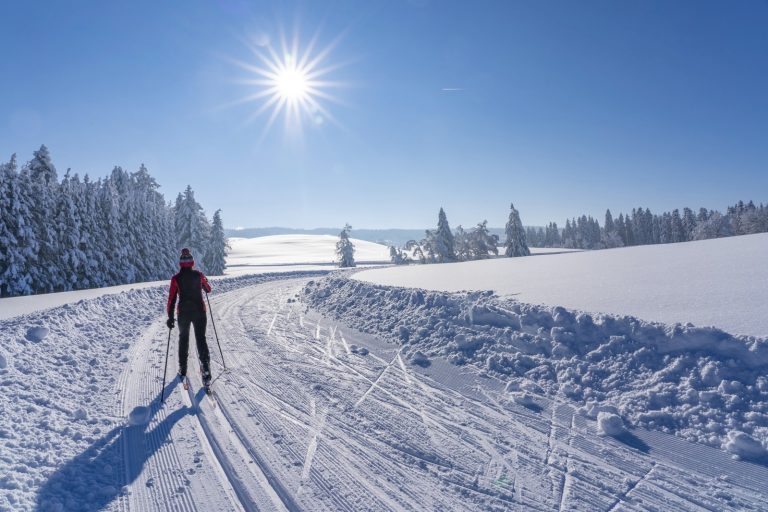 A person cross-country skiing in beautiful weather.