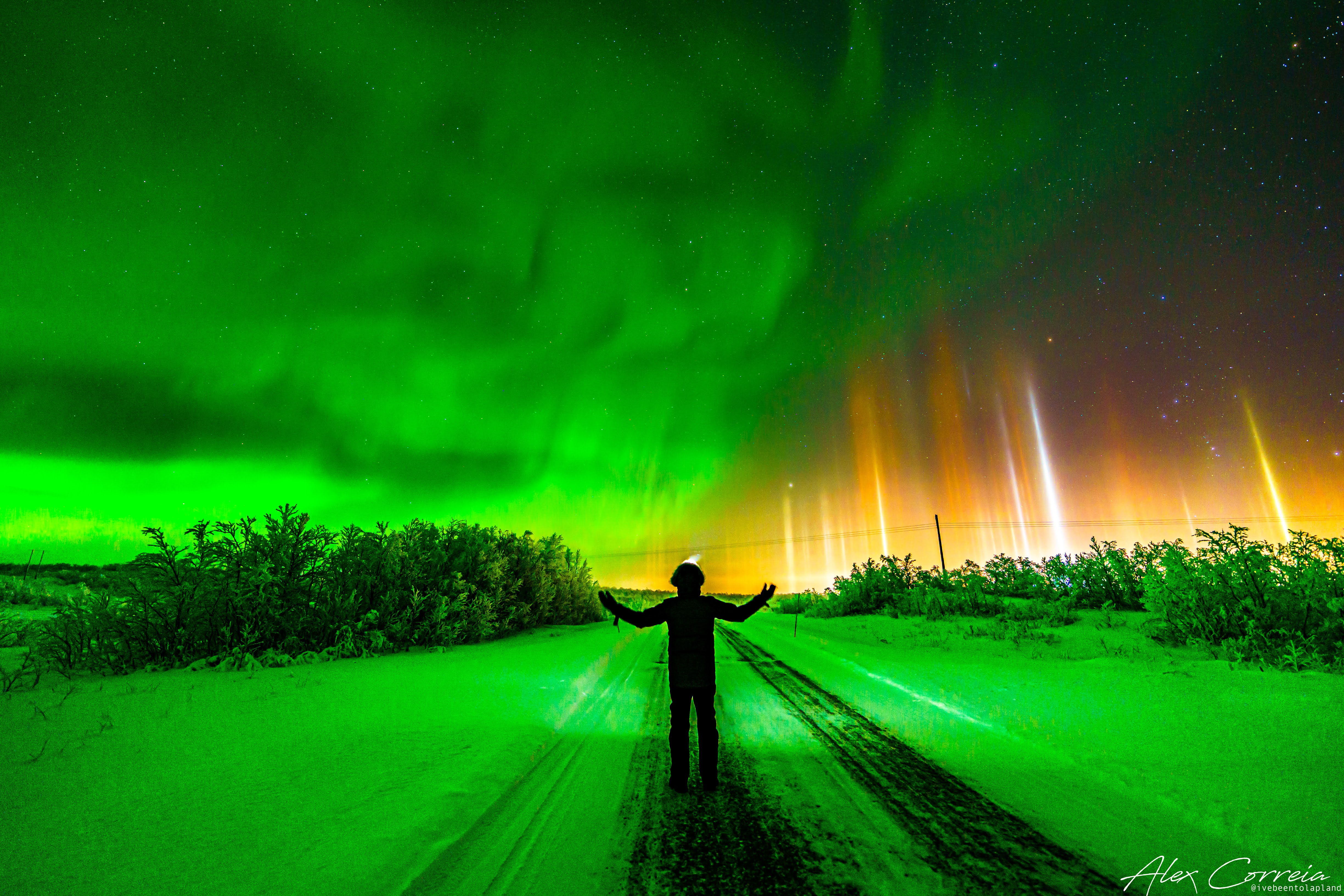 northern lights next to light pillars