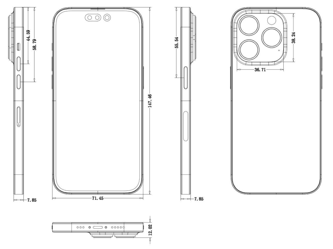 iPhone 14 Pro design schematics with dimensions