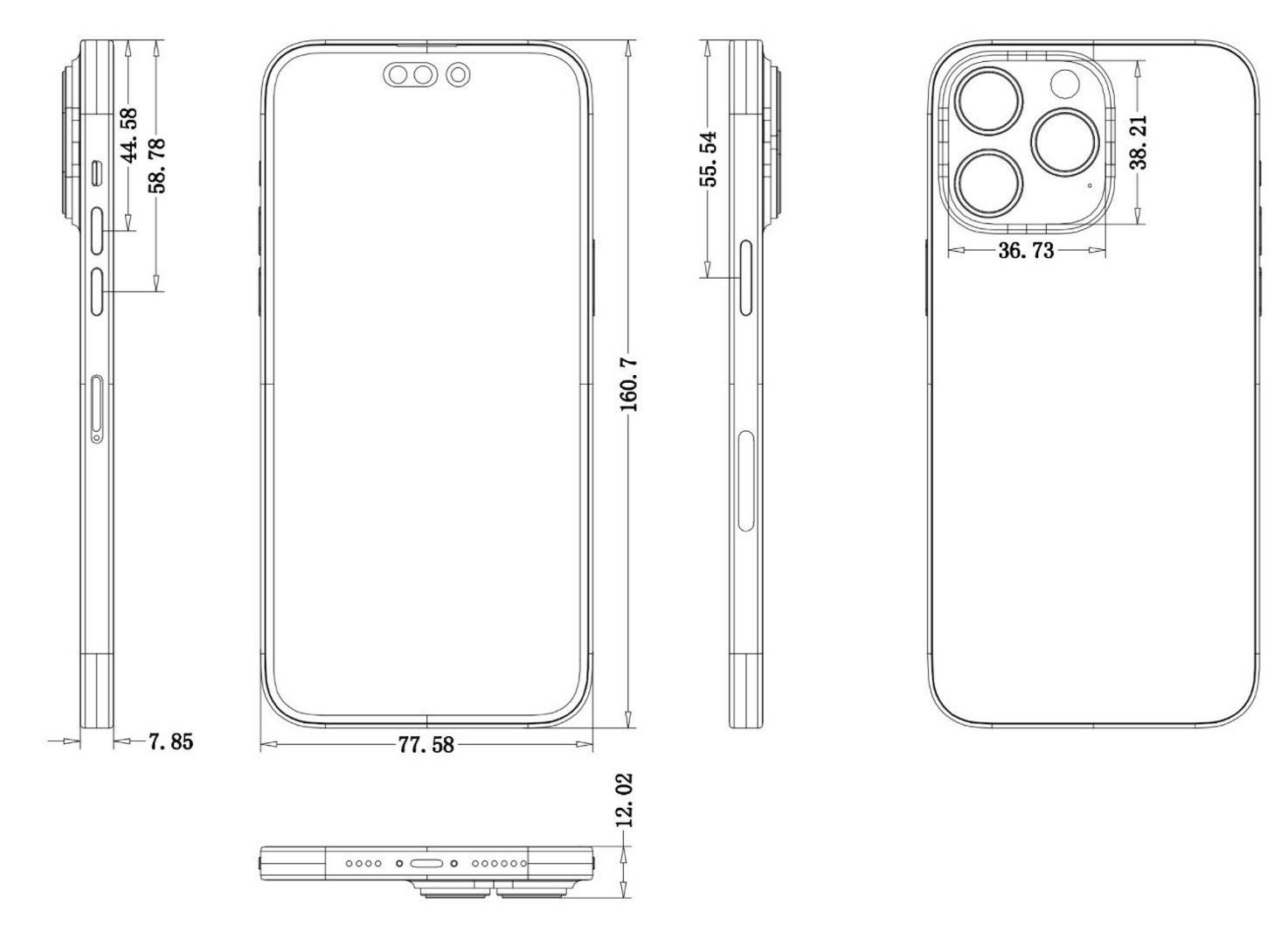 iPhone 14 Pro Max design schematics with dimensions