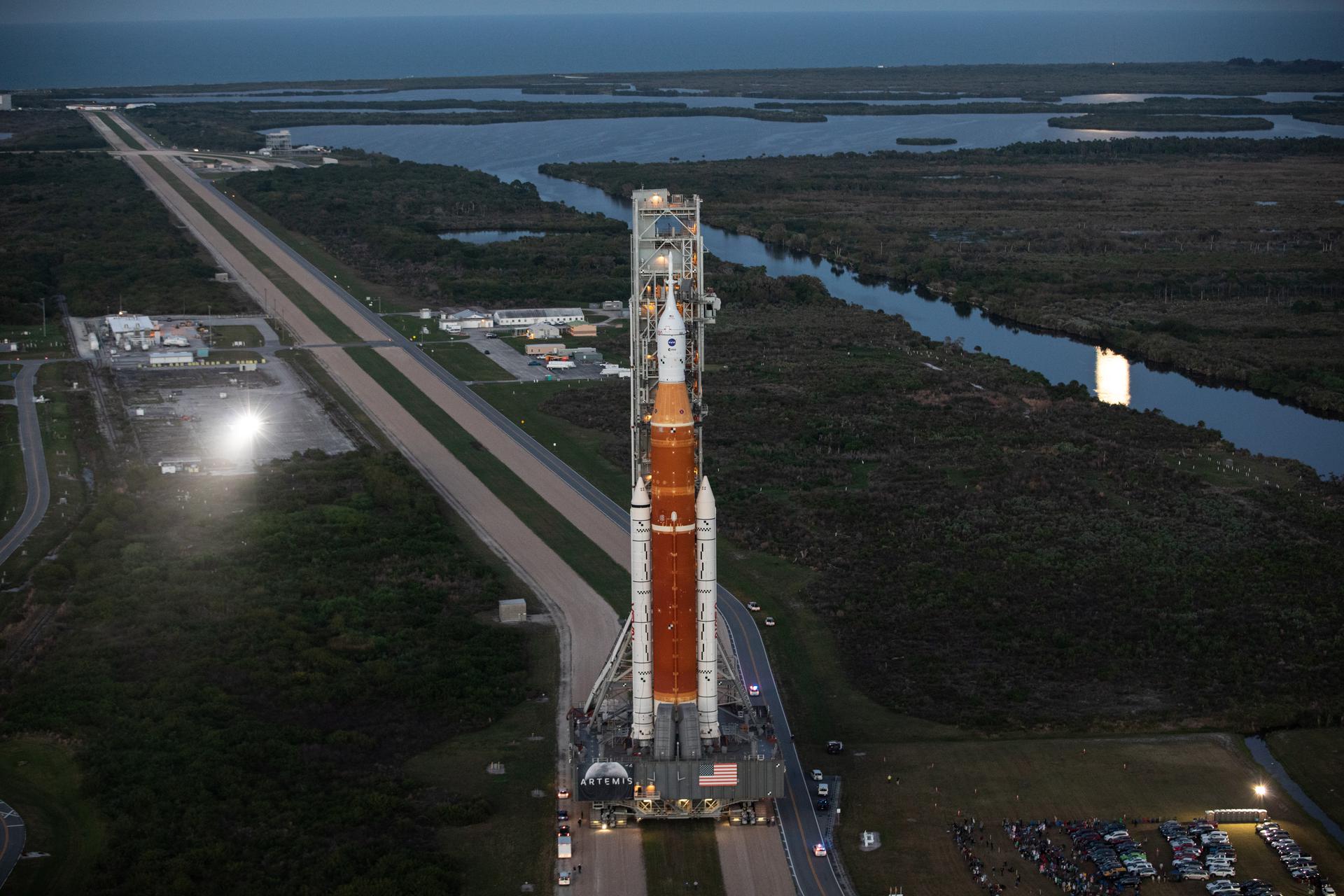 NASA Artemis I rocket being moved into place