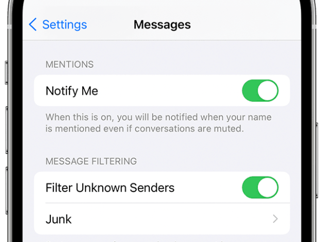 iOS settings page with spam blocking options