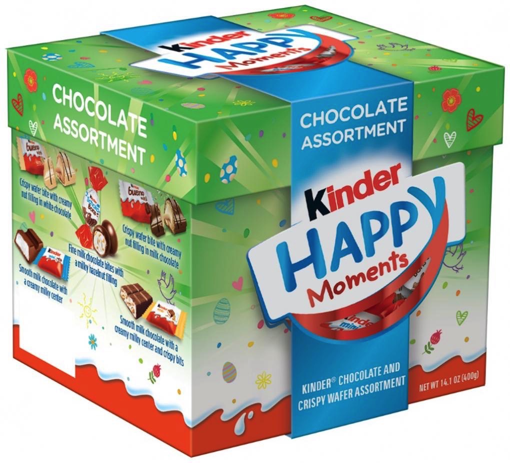 Kinder Happy Moments Chocolate Assortment, Front and Left Side Panel