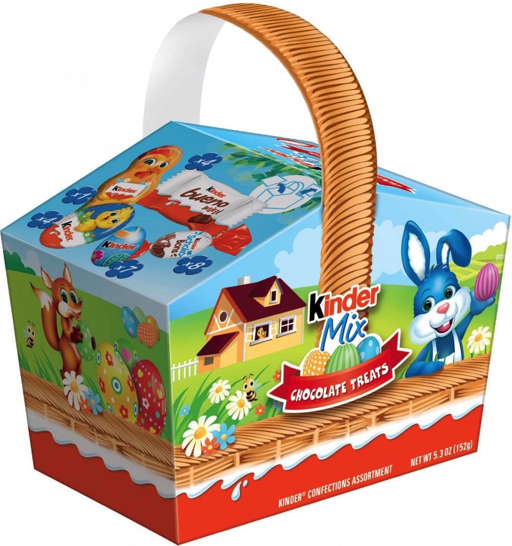 Kinder Mix Chocolate Treats Confections Assortment Basket, Front and Left Side Panel.