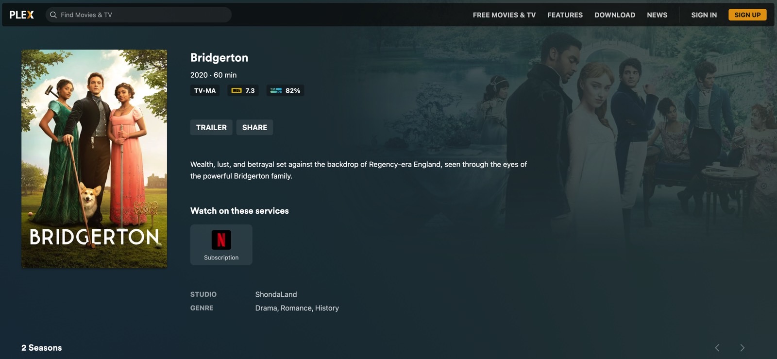 Plex universal search: Results for Bridgerton show Netflix is the only place to watch the show