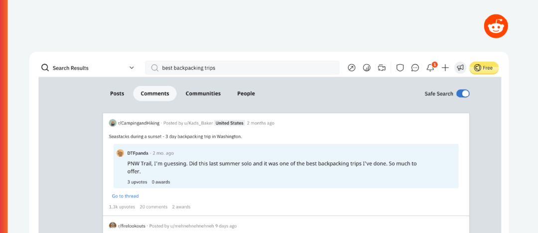 Reddit comment search results
