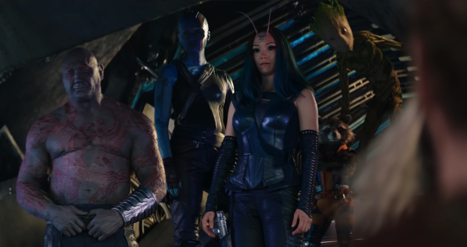 Drax (Dave Bautista), Nebula (Karen Gillan), Mantis (Pom Klementieff), Rocket (Bradley Cooper), and Groot (Vin Diesel).