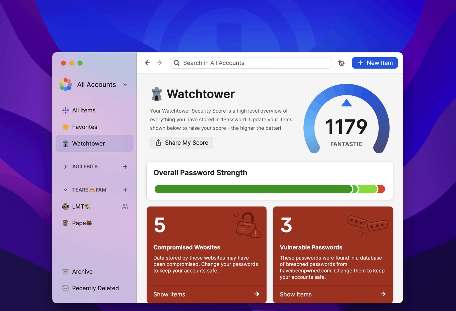 1Password 8 for Mac: Watchtower Dashboard.