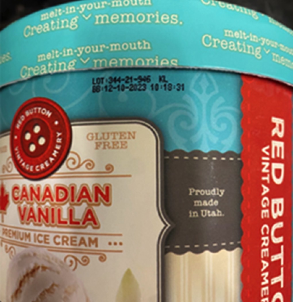 Casper's ice cream recall: Red Button Canadian Vanilla tub.