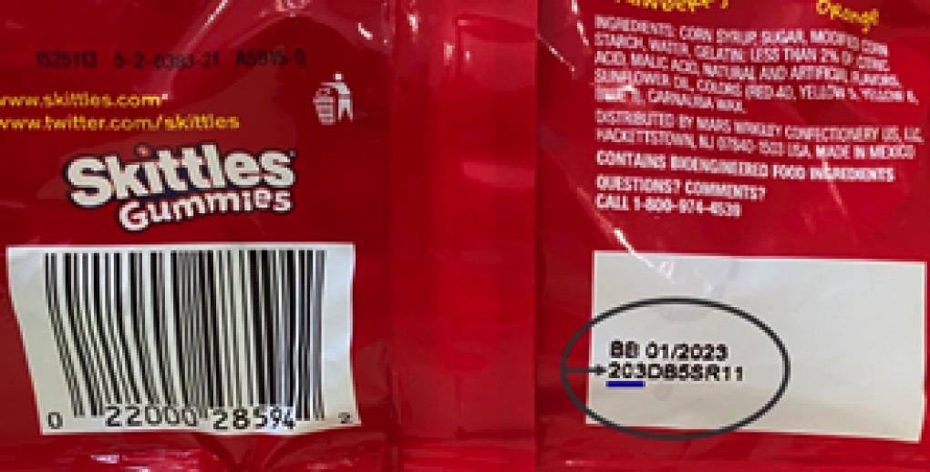 Skittles, Starburst, and Life Savers gummies recall: Location of three-digit code on a candy package.