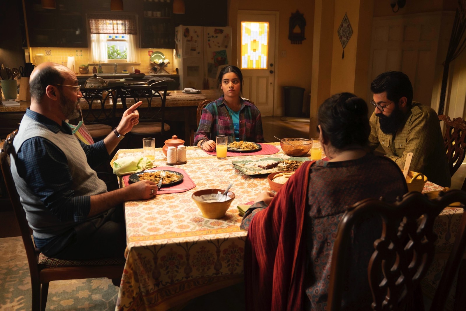 (L-R): Mohan Kapur as Yusuf, Iman Vellani as Ms. Marvel/Kamala Khan, Saagar Shaikh as Aamir, and Nimra Bucha as Najma in Marvel Studios' Ms. Marvel.