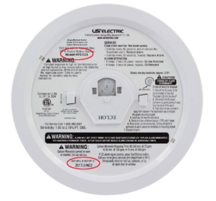 Back of recalled hardwired USI Electric 2-in-1 Photoelectric Smoke & Fire + Carbon Monoxide alarm Model MPC122S with a manufacturing date code of 2017JUN02.