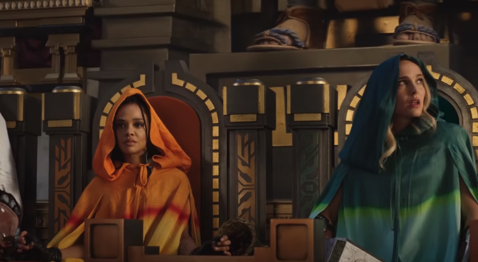 Valkyrie (Tessa Thompson) and Jane (Natalie Portman) at the council of the gods.