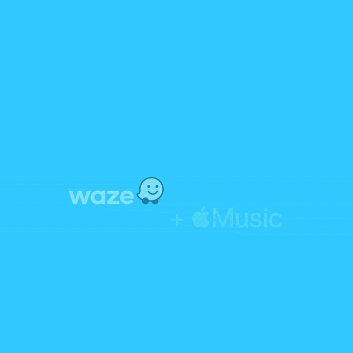 Animation shows how to configure Apple Music in Waze for the first time.