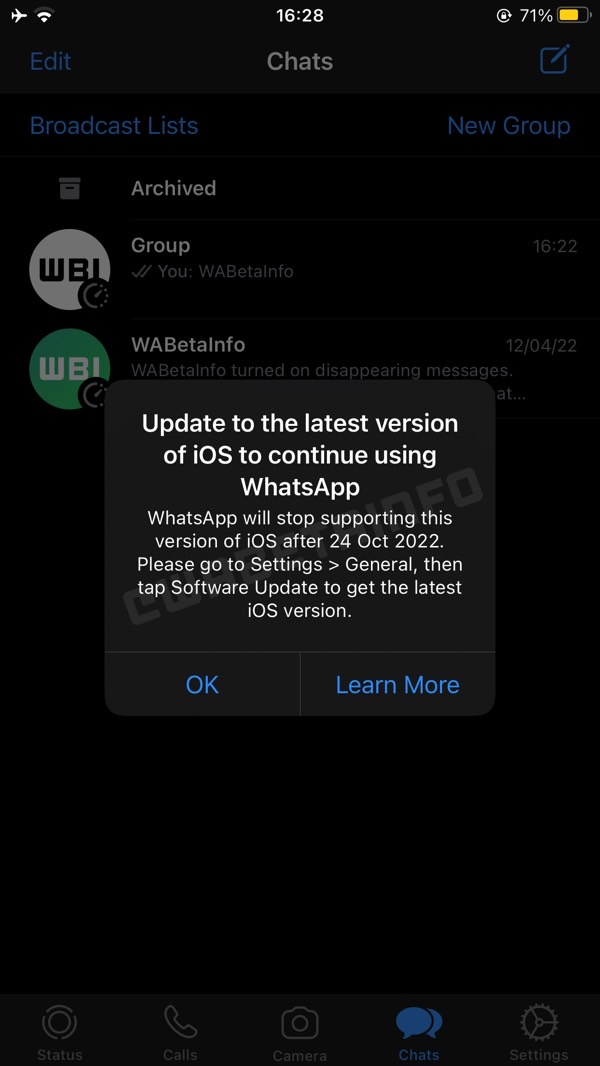 WhatsApp notification warning iPhone users the app won't support their version of iOS.