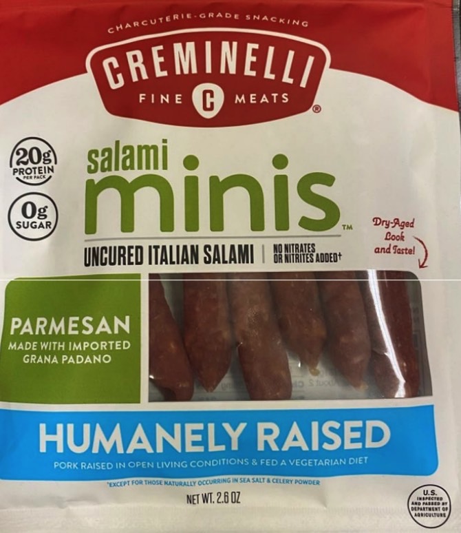 Creminelli mini parmesan salami sticks recall: Front of package.