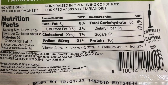 Creminelli mini parmesan salami sticks recall: Back of package.