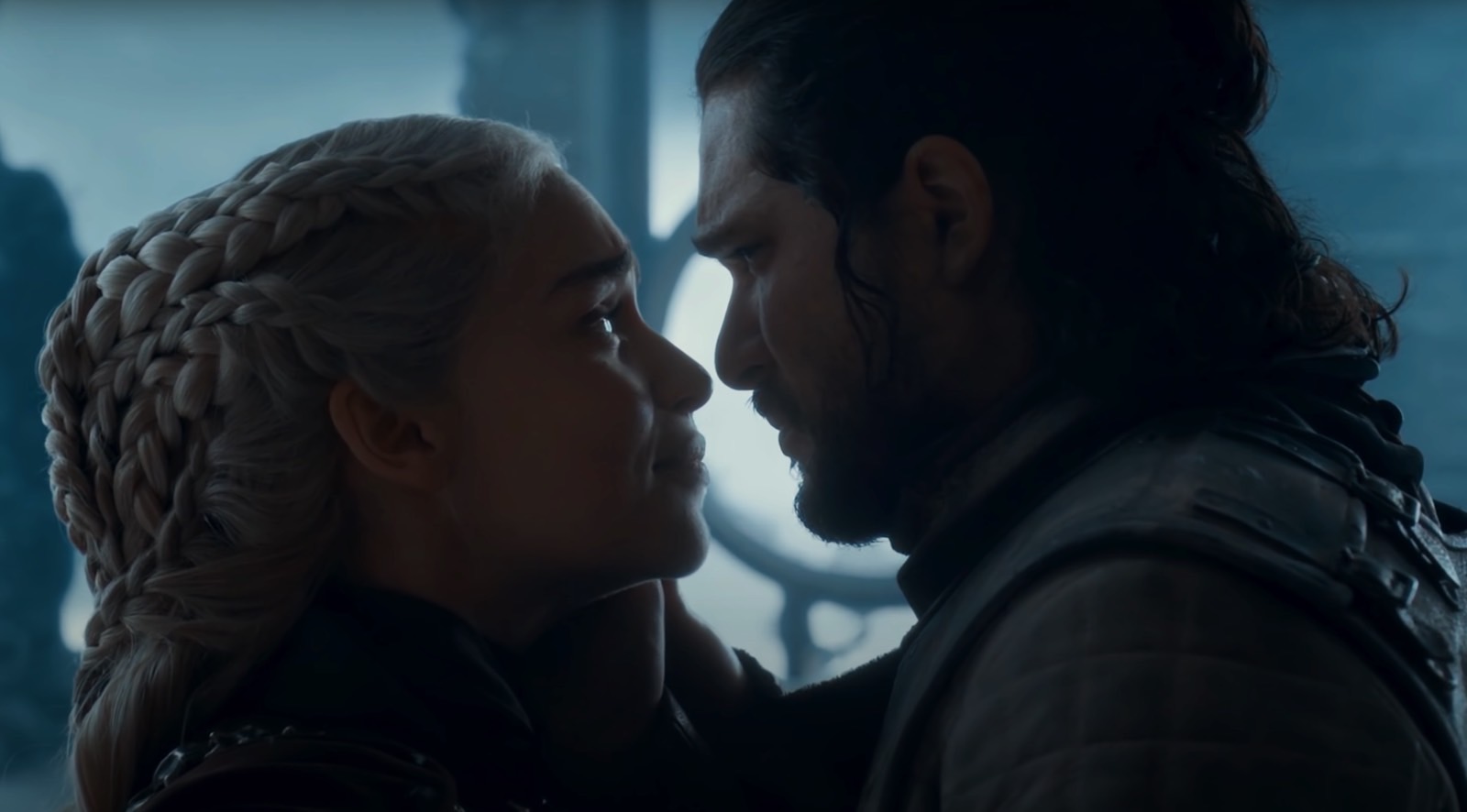 Jon Snow (Kit Harington) reminding Daenerys (Emilia Clarke) one last time that she's his queen in Game of Thrones finale.