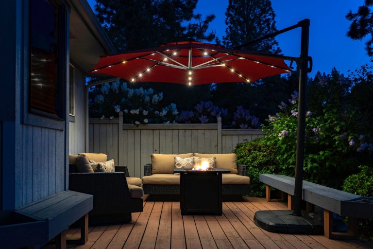 A garden umbrella with lights.